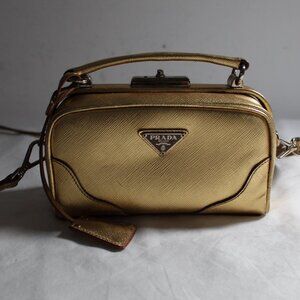 Prada Staffiano Leather 2 Way Shoulder Frame Bag Crossbody Gold